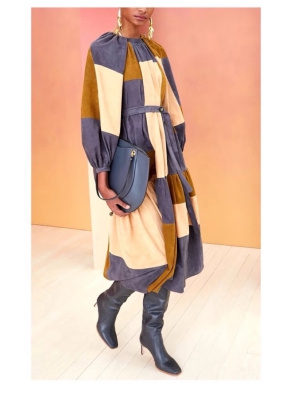 New! ULLA JOHNSON Bernadine Suede Patchwork Colorblock Leather Midi Dress